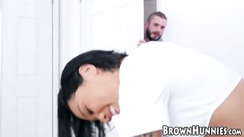 Petite ebony teen Honey Gold rides her stepbrothers cock