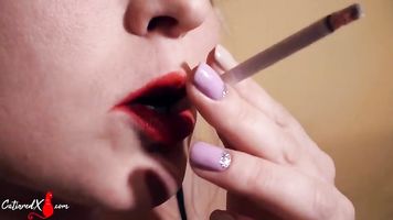 Blonde with Red Lips Suck Dick and Facial after Smoking