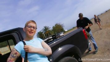 Strawberry-Blonde BBW Eagerly Rides Cock Outdoors