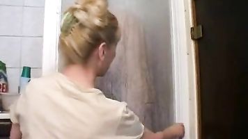 Mature mom and her son on the shower