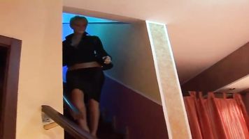 a cute blonde with short hair looks like a whore and fucks with two men