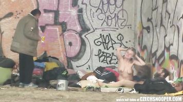 pure street life homeless threesome having sex on public